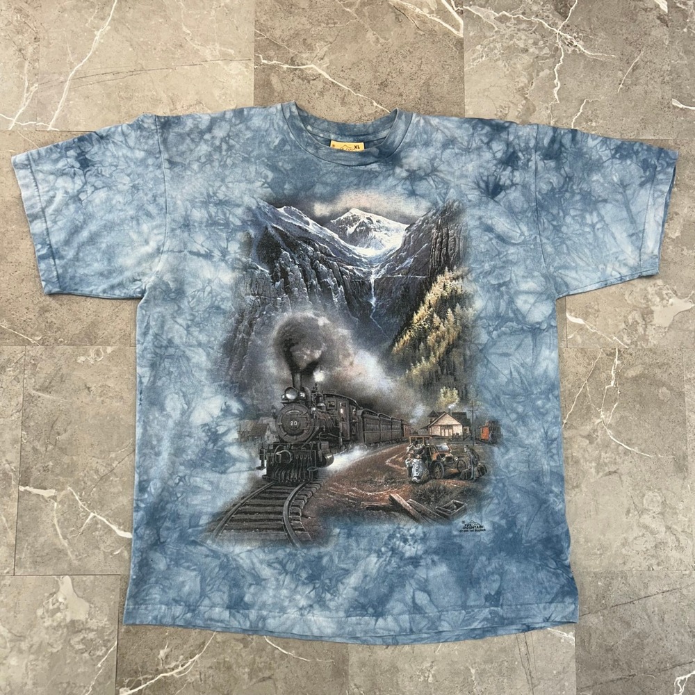 90s Vintage The Mountain Trains Graphic Tee Mens XL Tie Dye Railroad Shirt